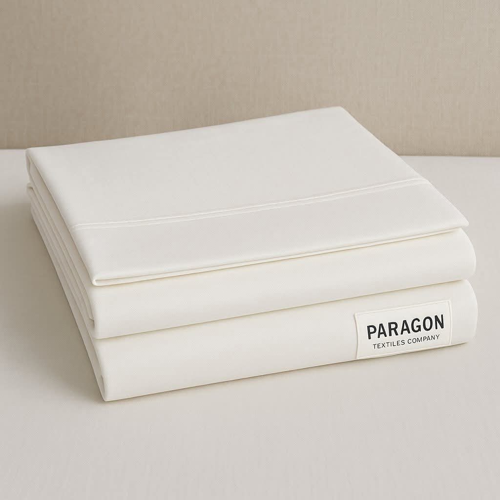 Three folded white cotton bed sheets with a printed Paragon Textile Company label