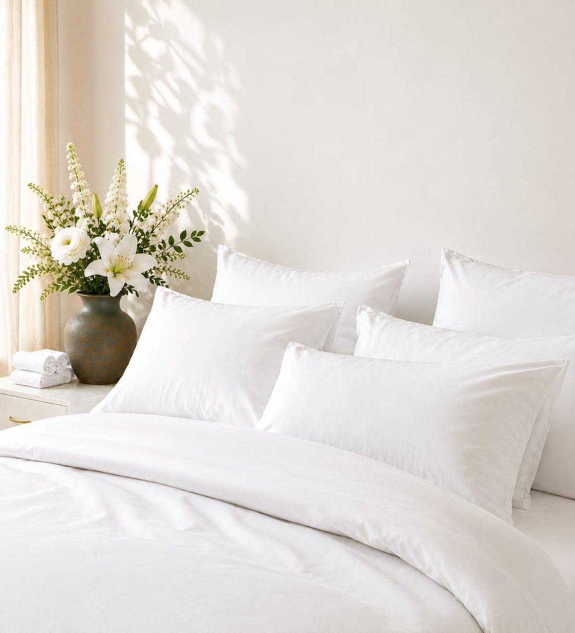 Styled hotel bed with five white pillows in satin-stripe shams and a bouquet of white flowers on the nightstand