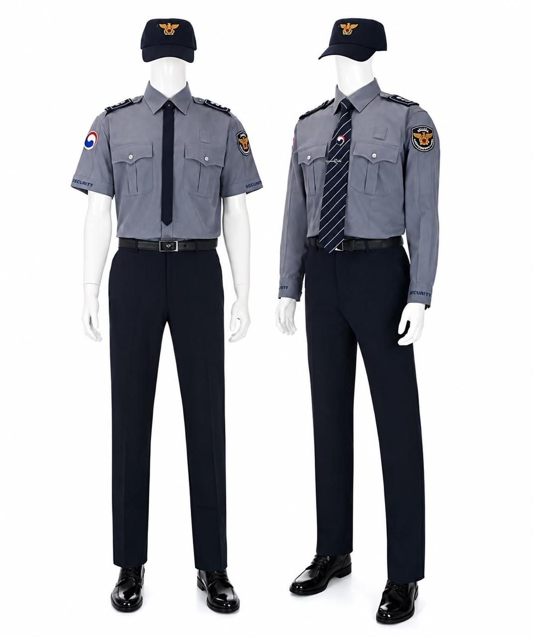 Two mannequins in grey and navy security guard uniforms with peaked caps, ties and shoulder insignia